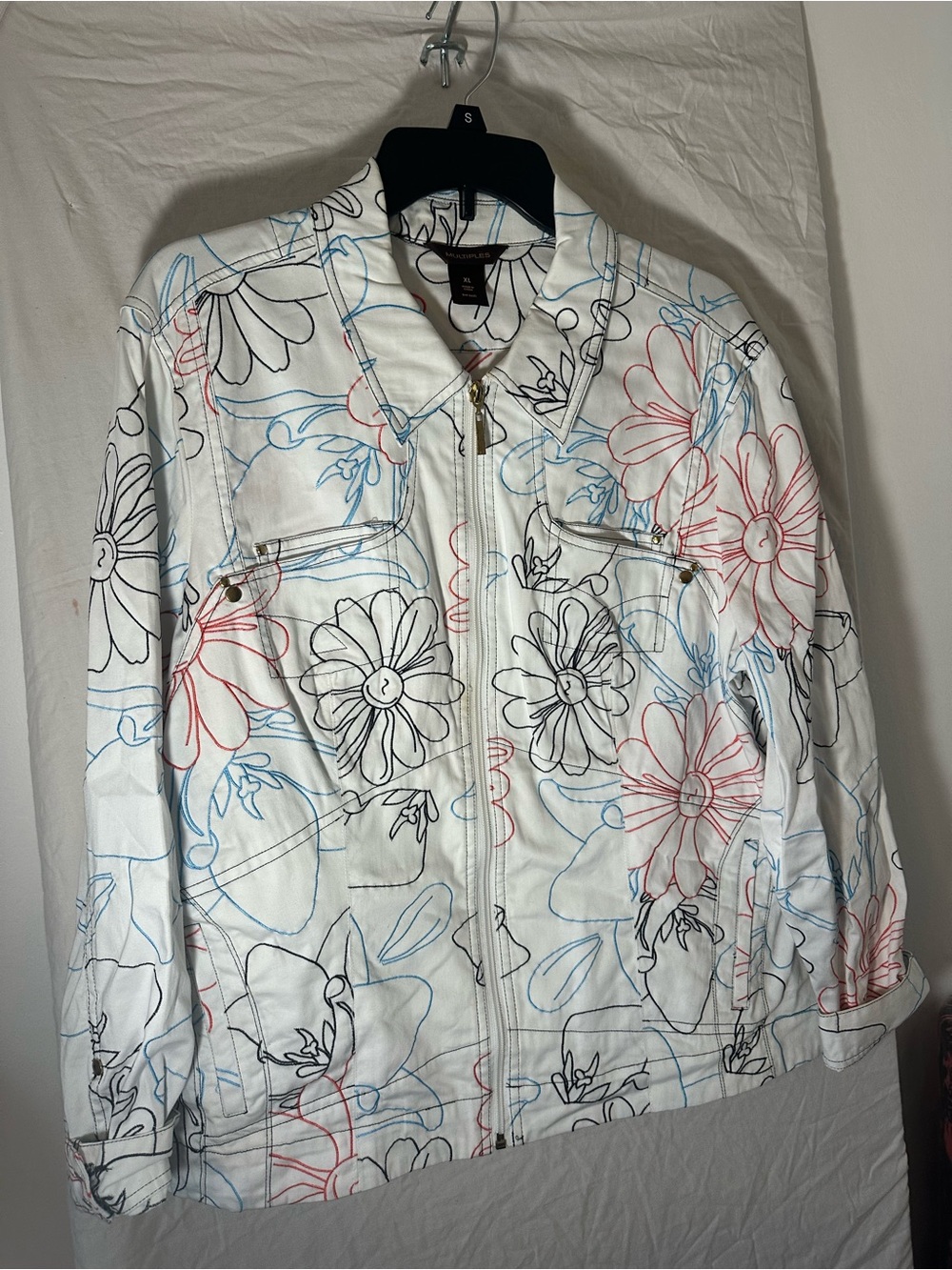 Multiples White Floral Zip Jacket with Red, Blue & Black Line Print